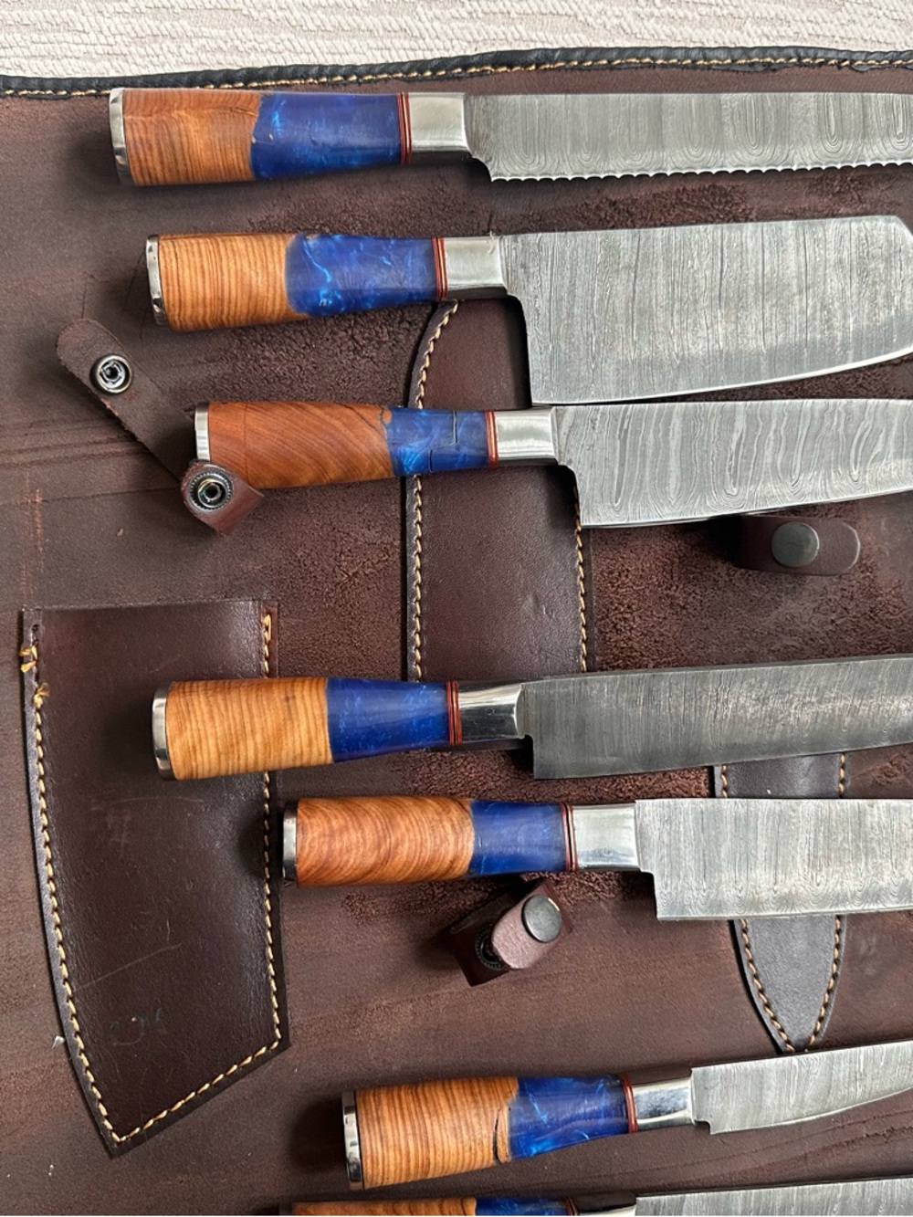 Handmade Leather Knife Roll with Set of 7 Wood-Handled Knives - Picture 15 of 15